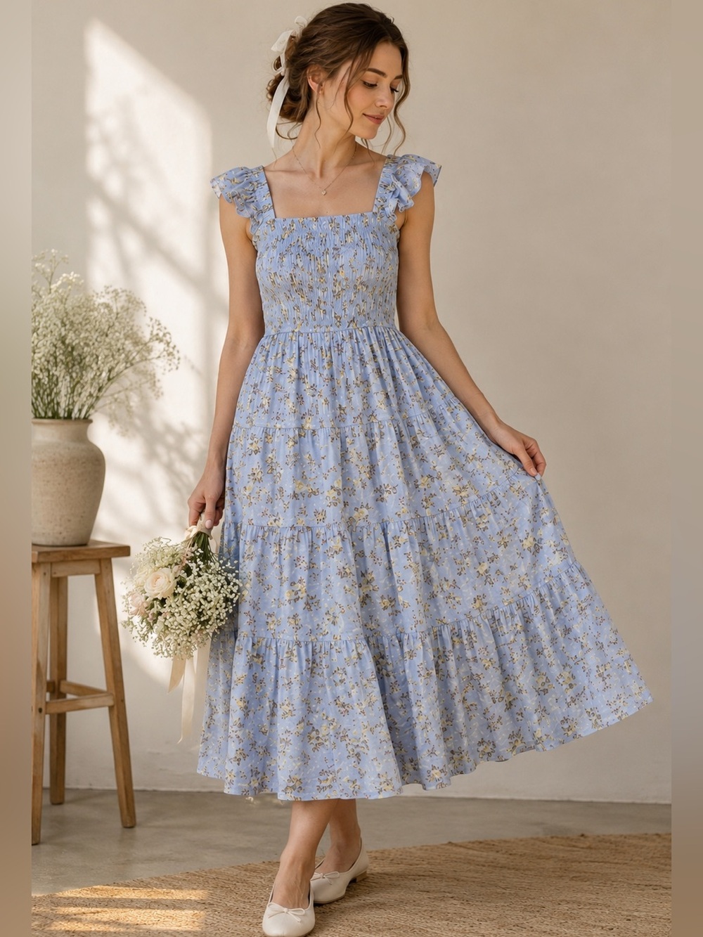Women’s Floral Smocked Midi Tiered Dress Blue Cottagecore Prairie Coquette Large
